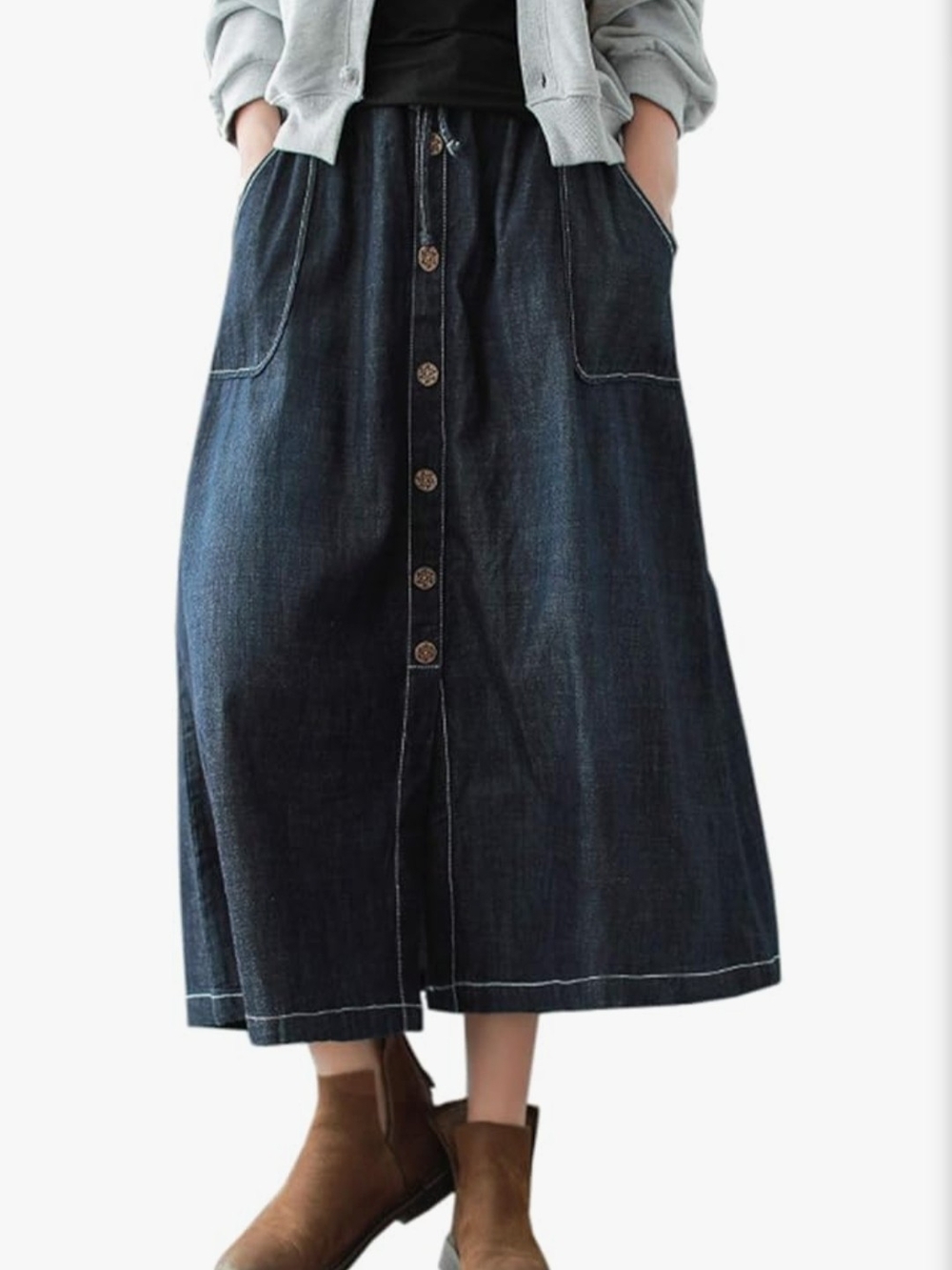 NWT, Dark Indigo Button-Front Denim Midi Skirt with Pockets